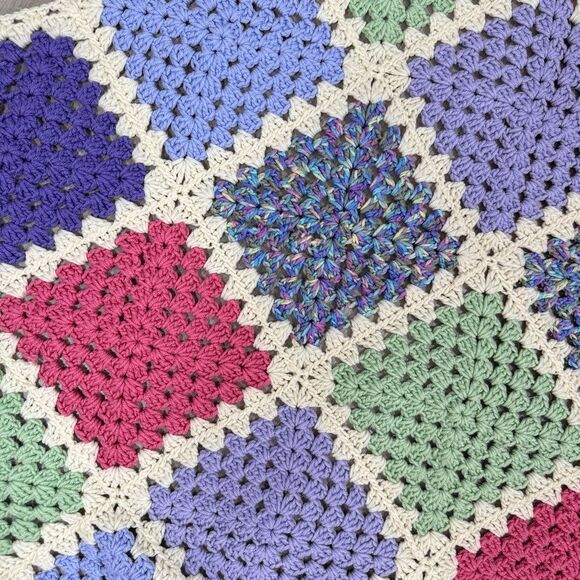 Handmade Granny Square Crochet Afghan Blanket White Multicolor Pink Purple Green - Picture 4 of 6